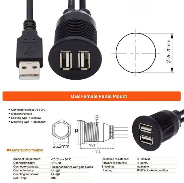Alt view image 6 of 7 - USB 2.0 Flush Mount 1 Male to 2 Female Extension Cable for Car Dashboard Panel Mount Waterproof Dustproof