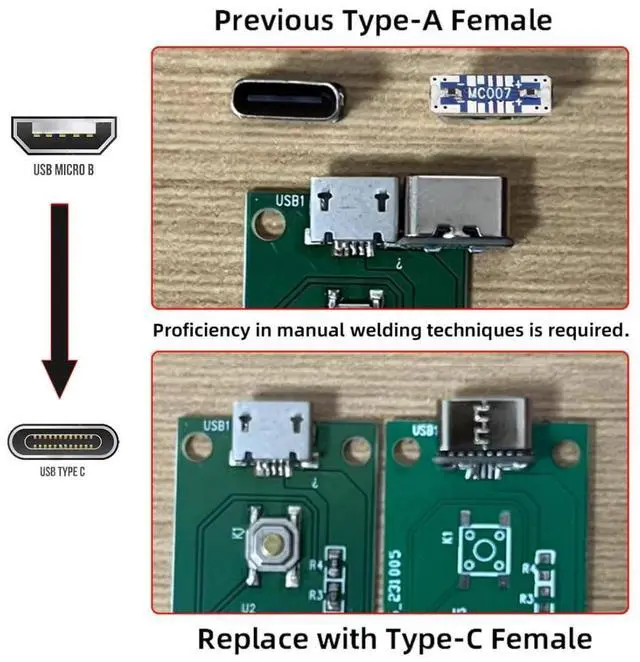 Alt view image 3 of 7 - 5 Pack USB C DIY Connector,Micro USB 5Pin to USB C Female Socket Port Repair Replacement Solder Adapter Standard Pinout