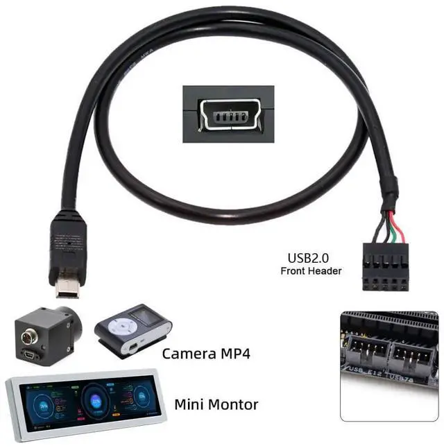 Alt view image 2 of 7 - USB 2.0 9Pin 10Pin Motherboard Header to Mini USB 5Pin Data Cable 0.5M