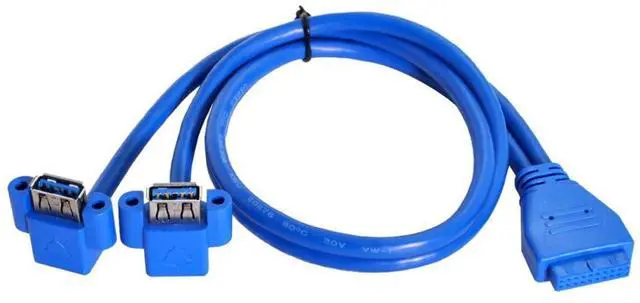 Main image of USB 3.0 Front Panel Header 19/20Pin 1 Male to 2 USB 3.0 Female 90 Degree Angled Panel Port Extension Cable 0.5M with Panel Mount Holes