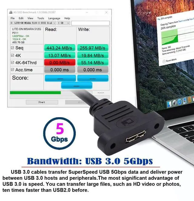 Alt view image 3 of 7 - USB C to USB 3.0 Micro-B Female Screw Mount Type Extension Cable Type-C Male