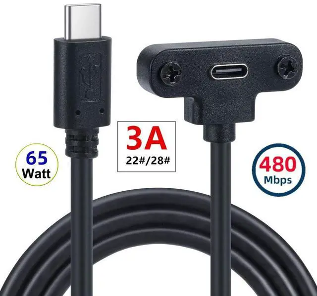 Alt view image 2 of 7 - USB C Extension Cable USB 2.0 Type C Male to Female Fast Charging Data Transfer Extension Cable with Panel Mount Screw 0.3M