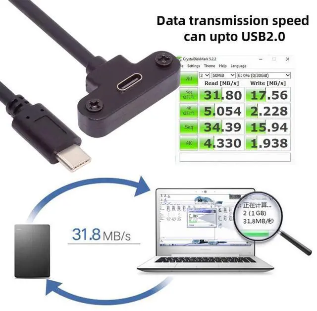 Alt view image 4 of 7 - USB C Extension Cable USB 2.0 Type C Male to Female Fast Charging Data Transfer Extension Cable with Panel Mount Screw 0.3M