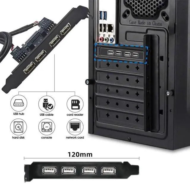 Alt view image 2 of 7 - 4 Port USB 2.0 Front Panel Header 9Pin 2 Male to 4 USB 2.0 Female Chassis Back Panel Port Extension Cable 30cm with 120mm PCI-E Slot Bracket