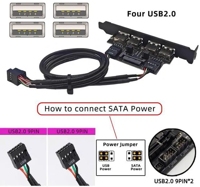 Alt view image 5 of 7 - 4 Port USB 2.0 Front Panel Header 9Pin 2 Male to 4 USB 2.0 Female Chassis Back Panel Port Extension Cable 30cm with 120mm PCI-E Slot Bracket