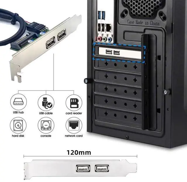 Alt view image 2 of 7 - 2 Port USB 2.0 Front Panel Header 9Pin 1 Male to 2 USB 2.0 Female Chassis Back Panel Port Extension Cable 30cm with 120mm PCI-E Slot Bracket