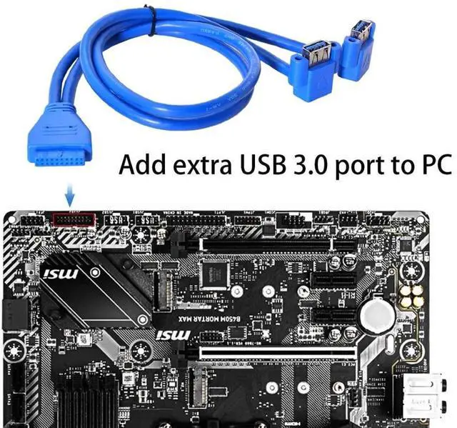 Alt view image 3 of 7 - USB 3.0 Front Panel Header 19/20Pin 1 Male to 2 USB 3.0 Female 90 Degree Angled Panel Port Extension Cable 0.5M with Panel Mount Holes
