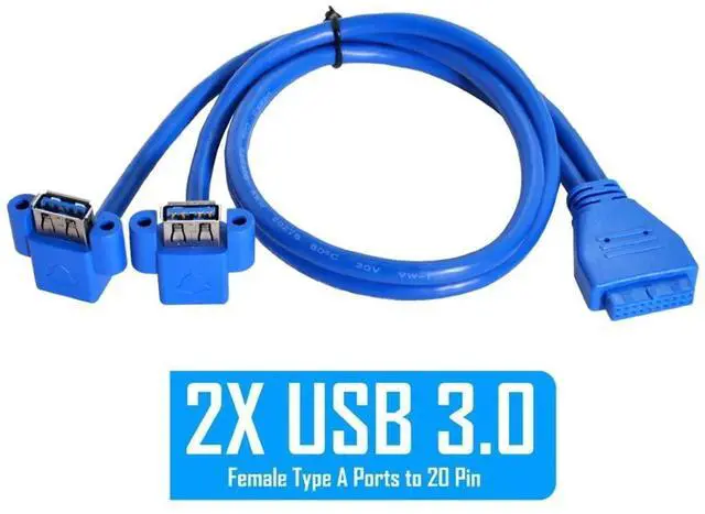 Alt view image 4 of 7 - USB 3.0 Front Panel Header 19/20Pin 1 Male to 2 USB 3.0 Female 90 Degree Angled Panel Port Extension Cable 0.5M with Panel Mount Holes
