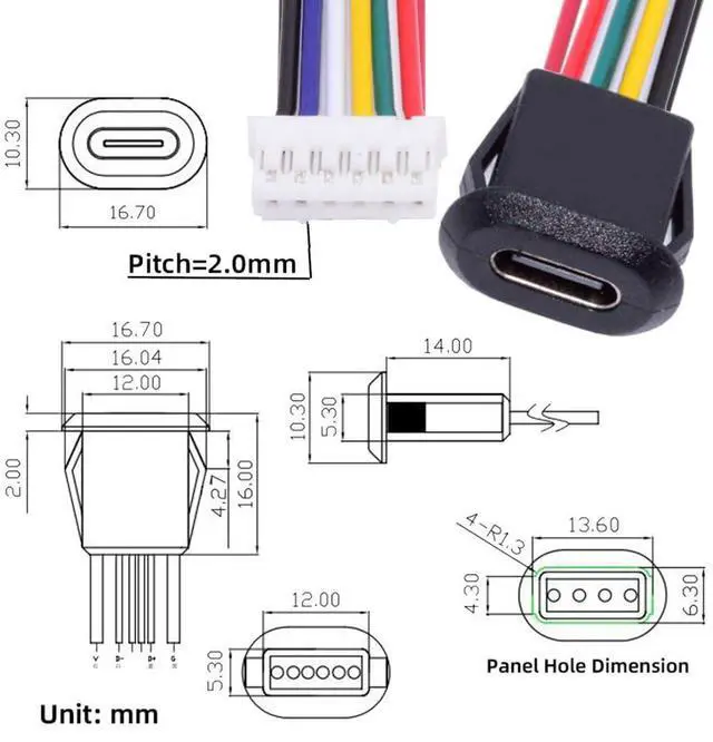 Alt view image 4 of 7 - 5 Pack 2.0mm Pitch 6Pin to USB C Female DC 5V/20V PD Power Flush Mount Charging Socket Port Conversion Cable Adapter