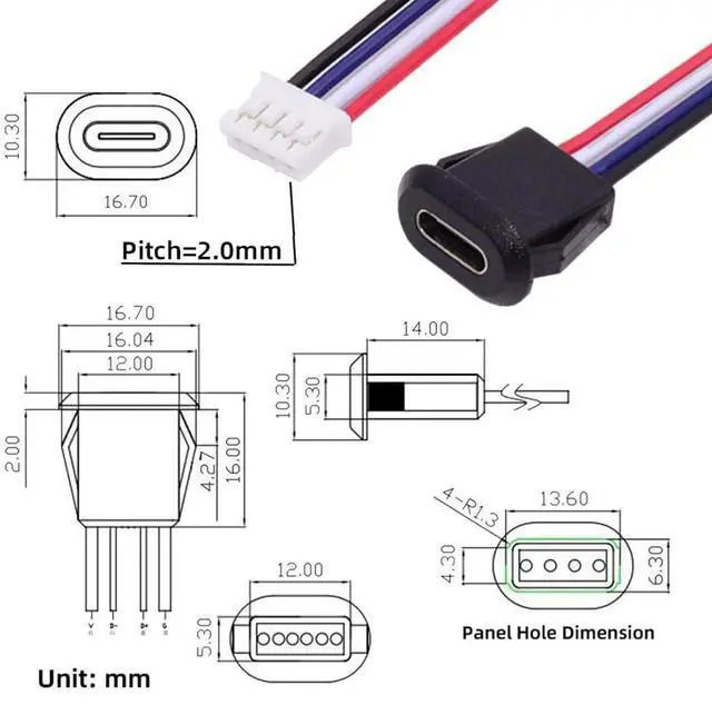 Alt view image 4 of 7 - 5 Pack 2.0mm Pitch 4Pin to USB C Female DC 5V 3A Flush Mount Charging Socket Port Conversion Cable Adapter
