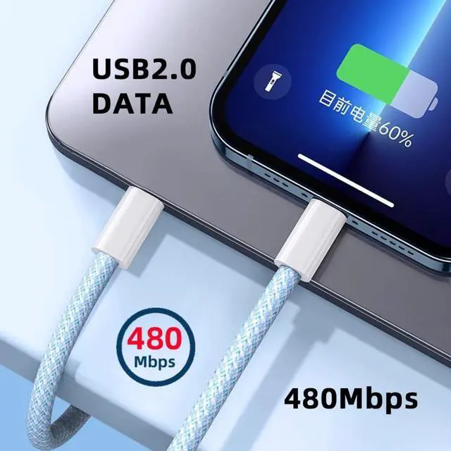 Alt view image 4 of 7 - USB C Nylon Braided Cable USB C Male to Male 480Mbps Data Transfer PD 27W/65W Fast Charging Cable Blue 0.65FT/0.2M