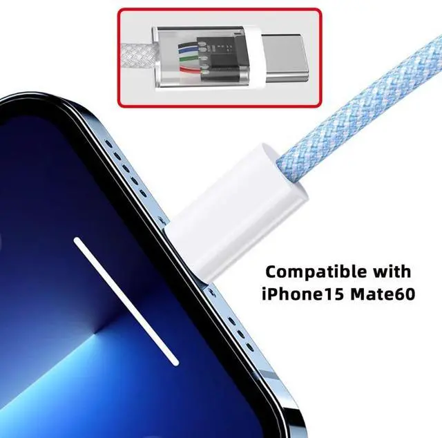 Alt view image 5 of 7 - USB C Nylon Braided Cable USB C Male to Male 480Mbps Data Transfer PD 27W/65W Fast Charging Cable Blue 0.65FT/0.2M