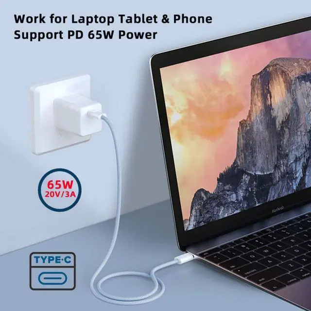 Alt view image 2 of 7 - USB C Nylon Braided Cable USB C Male to Male 480Mbps Data Transfer PD 27W/65W Fast Charging Cable Blue 0.65FT/0.2M