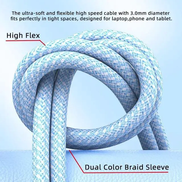 Alt view image 6 of 7 - USB C Nylon Braided Cable USB C Male to Male 480Mbps Data Transfer PD 27W/65W Fast Charging Cable Blue 0.65FT/0.2M