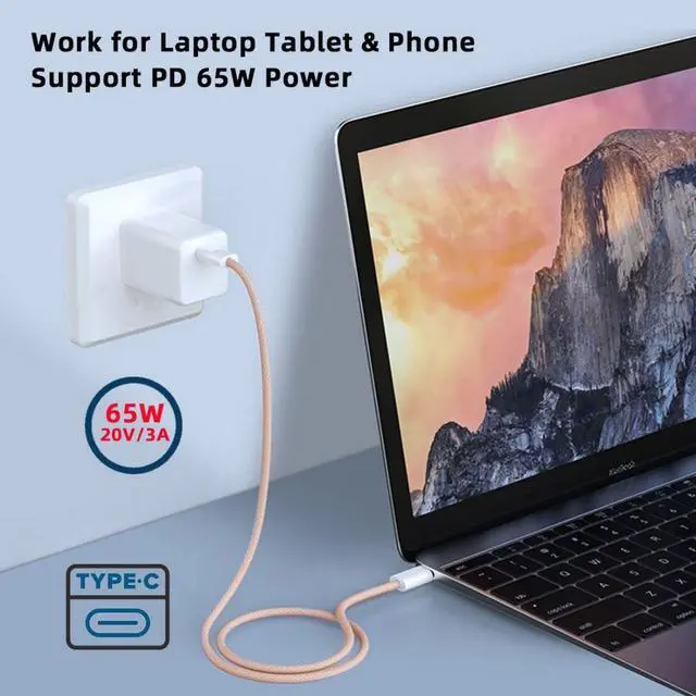 Alt view image 2 of 7 - USB C Nylon Braided Cable USB C Male to Male 480Mbps Data Transfer PD 27W/65W Fast Charging Cable Pink 9.84FT/3.0M