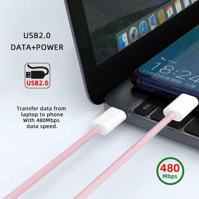 Alt view image 4 of 7 - USB C Nylon Braided Cable USB C Male to Male 480Mbps Data Transfer PD 27W/65W Fast Charging Cable Pink 9.84FT/3.0M