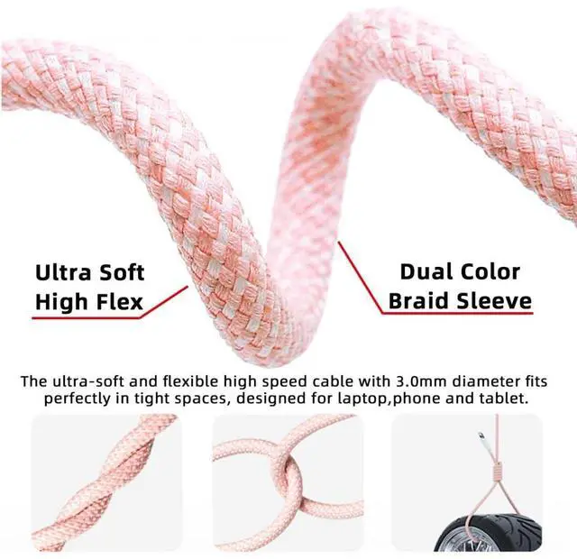 Alt view image 6 of 7 - USB C Nylon Braided Cable USB C Male to Male 480Mbps Data Transfer PD 27W/65W Fast Charging Cable Pink 9.84FT/3.0M