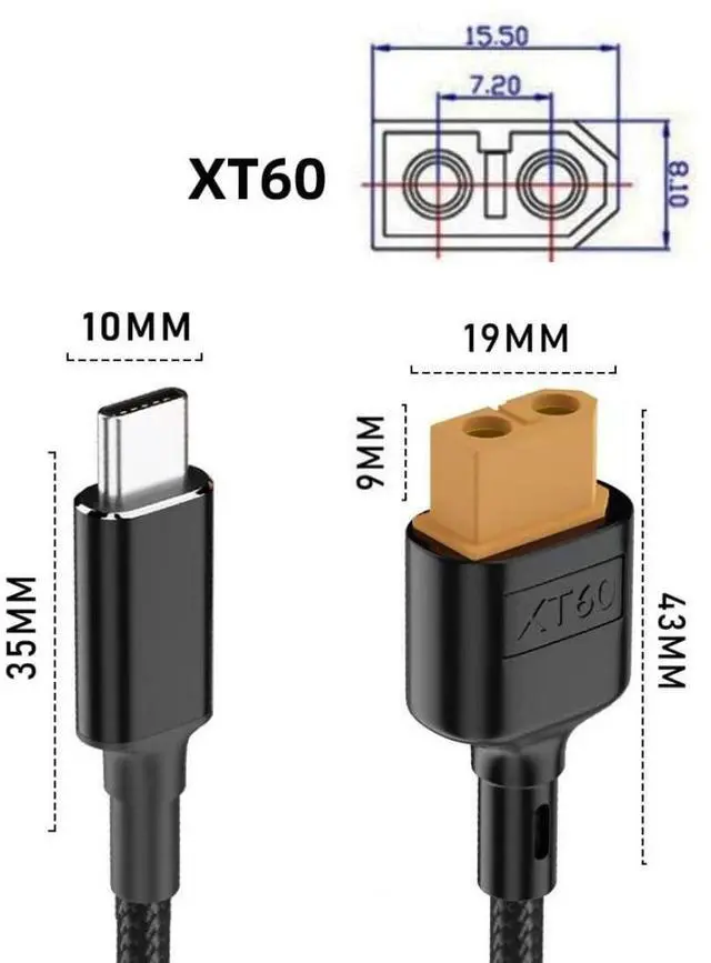 Alt view image 4 of 7 - XT60 Charging Cable,UCB C to XT60 PD 100W 20V 5A SC100 Fast Charger Braided Cable 0.5M for ToolkitRC