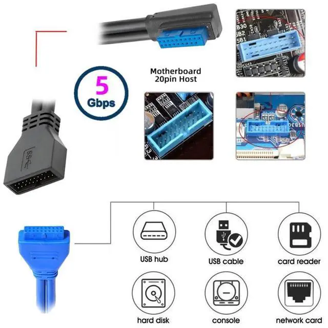 Alt view image 2 of 7 - 9.45Inch USB 3.0 Front Panel Header 19/20Pin Male to Female Mainboard Header Port 90 Degree Left Angled Extension Cable Adapter