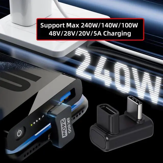 Alt view image 2 of 7 - USB C Extender Adapter,USB 5.0 Type C Male to Female 180 Degree Angled Adapter Support 80Gbps Data Transfer PD 240W Fast Charging 16K/8K/5K Video Output