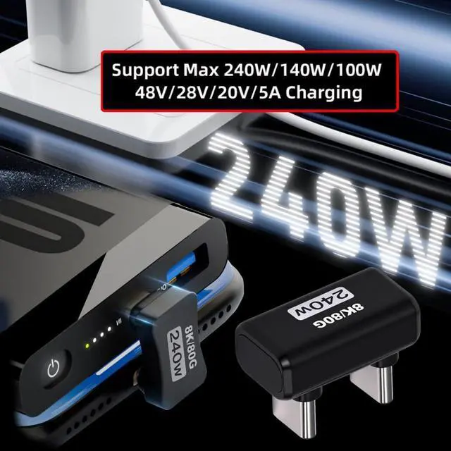 Alt view image 2 of 7 - USB C Extender Adapter,USB 5.0 Type C Male to Male 180 Degree Angled Adapter Support 80Gbps Data Transfer PD 240W Fast Charging 16K/8K/5K Video Output