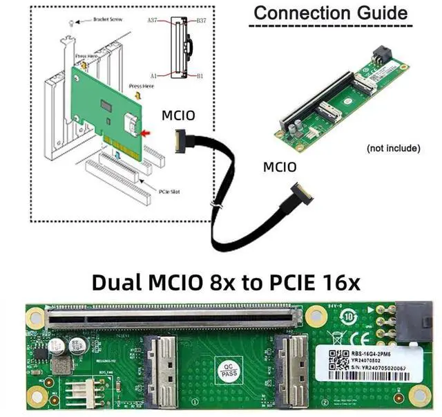 Alt view image 4 of 7 - 2 Port PCI-E X16 to PCI-E 5.0 MCIO 8i 74Pin SFF-TA-1016 Adapter Mini Cool Edge IO Female PCI Expansion Card Adapter with 6Pin GPU Power Port for Expansion Graphics