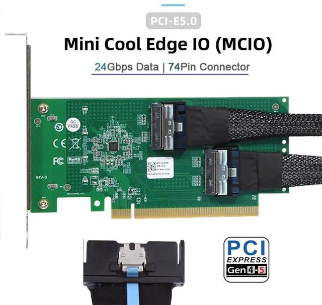 Alt view image 3 of 7 - 2 Port PCI-E X16 to PCI-E 5.0 MCIO 8i 74Pin SFF-TA-1016 Adapter Mini Cool Edge IO Female PCI Expansion Card Adapter