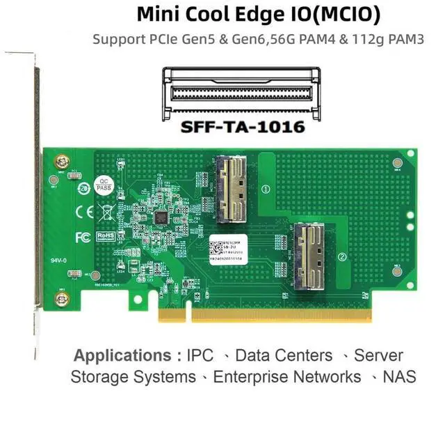 Alt view image 2 of 7 - 2 Port PCI-E X16 to PCI-E 5.0 MCIO 8i 74Pin SFF-TA-1016 Adapter Mini Cool Edge IO Female PCI Expansion Card Adapter