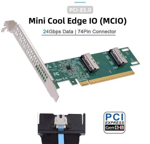 Alt view image 2 of 7 - Dual Port PCI-E X16 to PCI-E 5.0 MCIO 8i 74Pin SFF-TA-1016 Adapter Mini Cool Edge IO Female PCI Expansion Card Adapter