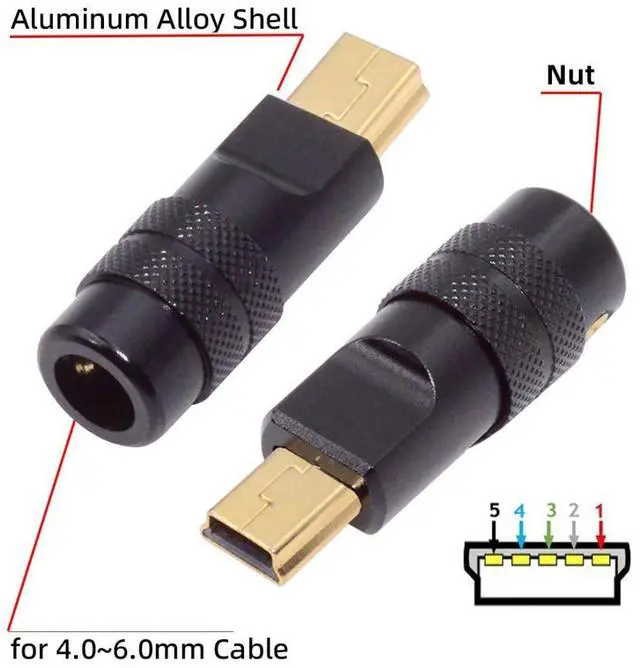 Alt view image 6 of 7 - Mini USB DIY Connector Aluminum Alloy Mini USB 2.0 5Pin Male Plug Port Repair Replacement Solder Adapter for OD 4.0-6.0mm Cable