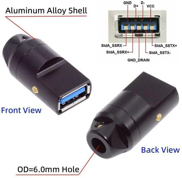 Alt view image 3 of 7 - USB 3.0 DIY Connector Aluminum Alloy USB 3.0 Type A Female Socket Port Repair Replacement Solder Adapter for OD 6.0mm Cable