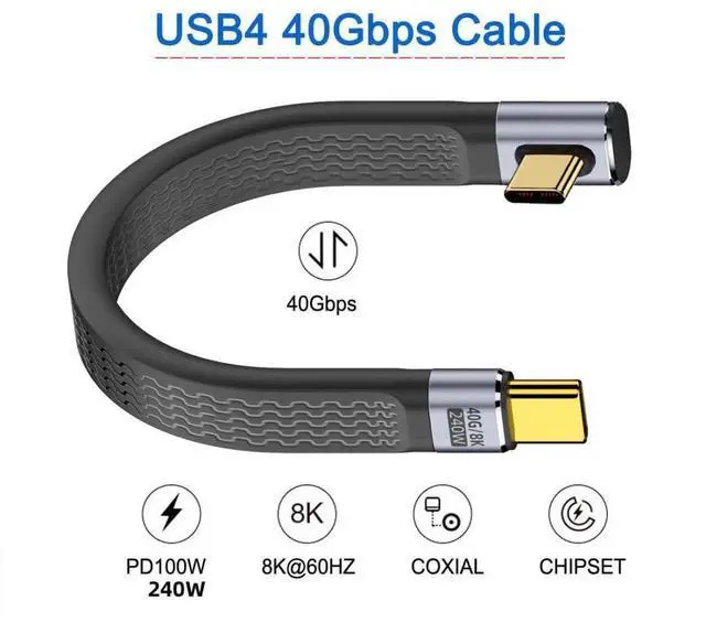 Alt view image 2 of 7 - USB C USB4 40Gbps 240W 100W 8K Flat Slim FPC Data Cable Low Profile Angled for Laptop Phone 13cm