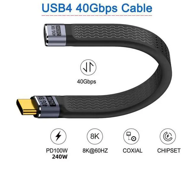 Alt view image 2 of 7 - USB C Short Cable USB4 Plug to Socket Slim Flat Extension Cable 13cm 40Gbps with 240W Power and 8K@60Hz Video