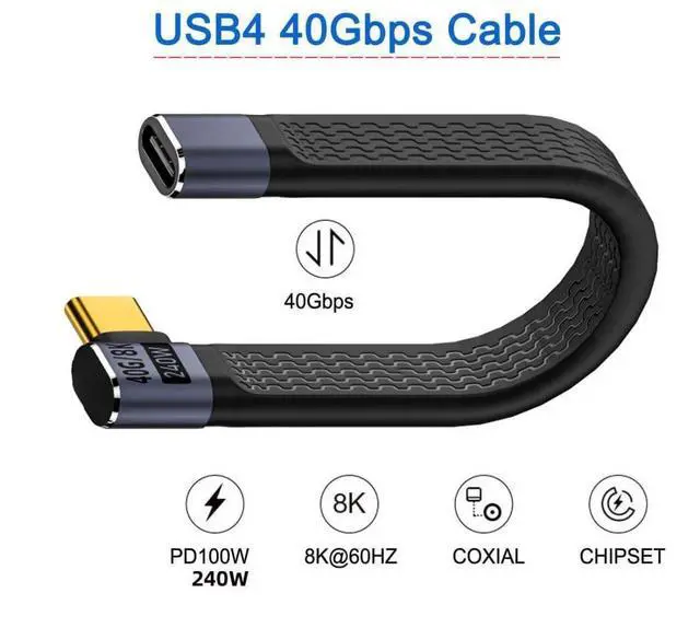 Alt view image 2 of 7 - USB C Short Cable USB4 Plug to Socket Slim Flat 90 Degree Right Angled Extension Cable 13cm 40Gbps with 240W Power and 8K@60Hz Video