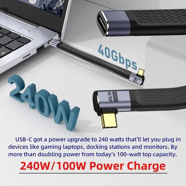 Alt view image 3 of 7 - USB C Short Cable USB4 Plug to Socket Slim Flat 90 Degree Right Angled Extension Cable 13cm 40Gbps with 240W Power and 8K@60Hz Video