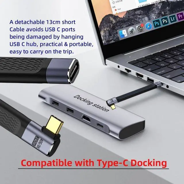 Alt view image 6 of 7 - USB C Short Cable USB4 Plug to Socket Slim Flat 90 Degree Right Angled Extension Cable 13cm 40Gbps with 240W Power and 8K@60Hz Video