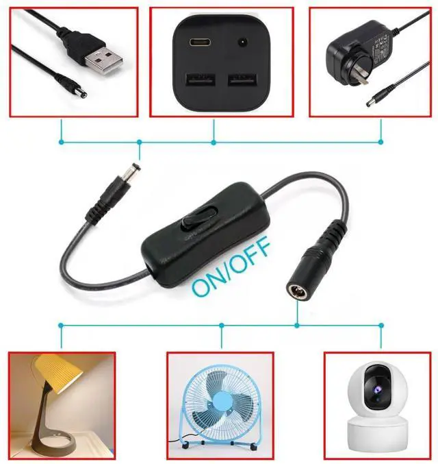 Alt view image 3 of 7 - DC Power Switch Extension Cable DC 5.5x2.1mm Male to Female with On/Off Power Switch Button DC 5V Power Extension Cable, Black, CY-PW-012-DC
