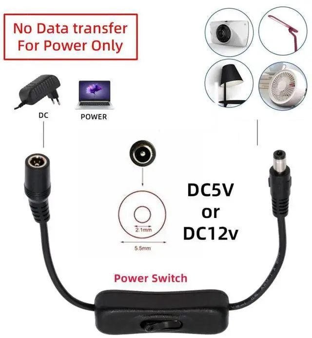 Alt view image 6 of 7 - DC Power Switch Extension Cable DC 5.5x2.1mm Male to Female with On/Off Power Switch Button DC 5V Power Extension Cable, Black, CY-PW-012-DC