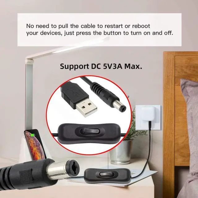 Alt view image 2 of 7 - USB Power Switch Extension Cable USB 2.0 Male to DC 5.5x2.1mm Male with On/Off Power Switch Button DC 5V Power Extension Cable 1.0M