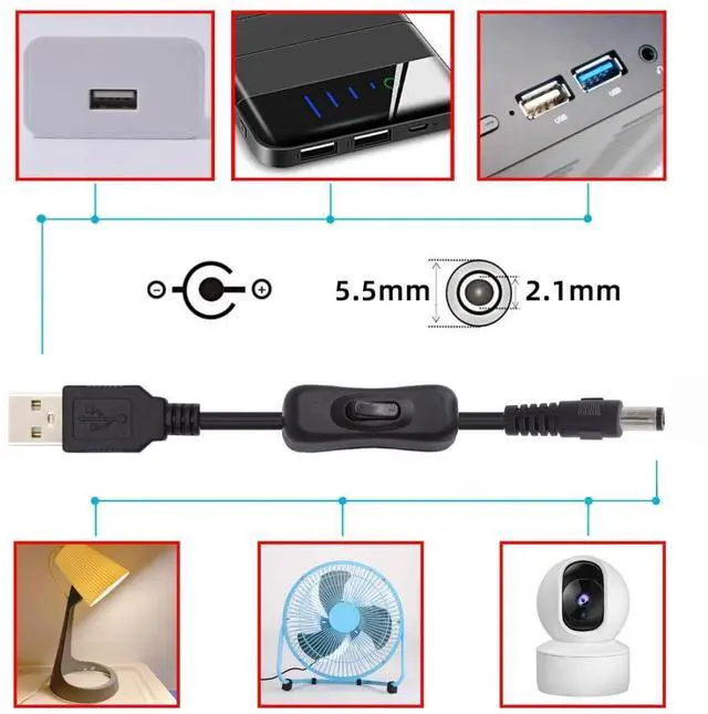 Alt view image 3 of 7 - USB Power Switch Extension Cable USB 2.0 Male to DC 5.5x2.1mm Male with On/Off Power Switch Button DC 5V Power Extension Cable 1.0M