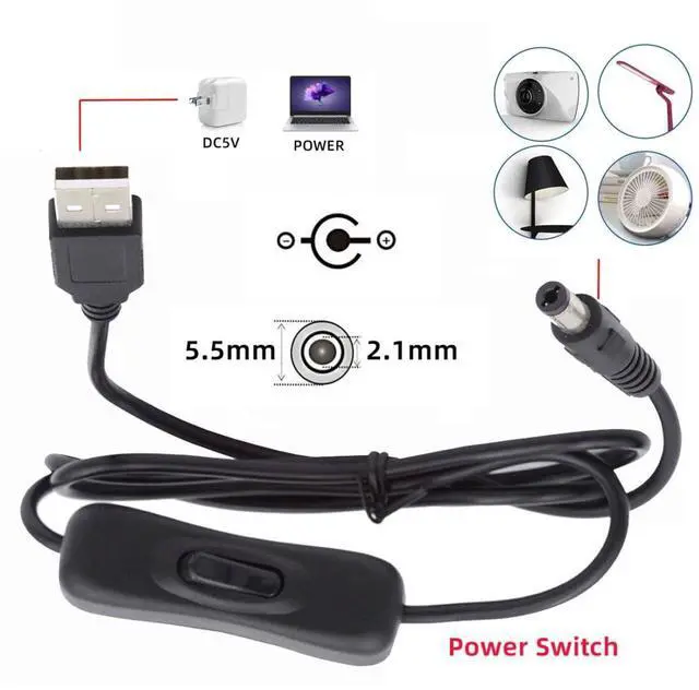 Alt view image 5 of 7 - USB Power Switch Extension Cable USB 2.0 Male to DC 5.5x2.1mm Male with On/Off Power Switch Button DC 5V Power Extension Cable 1.0M