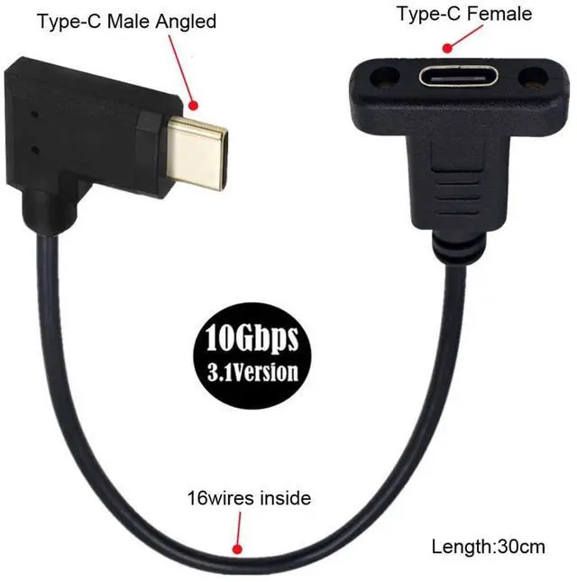 Alt view image 6 of 7 - USB 3.1 Gen 2 10Gbps USB C Male to Female 90 Degree Right Angled Fast Charging Data Video Transfer Extension Cable with Panel Mount Hole 0.3M