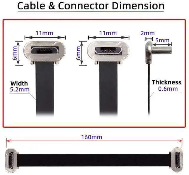 Alt view image 6 of 7 - Micro USB Short Flat Cable, USB 2.0 Micro USB 5Pin Dual 90 Degree Angled 5V2A Fast Charge Data Extension Cable 0.52FT