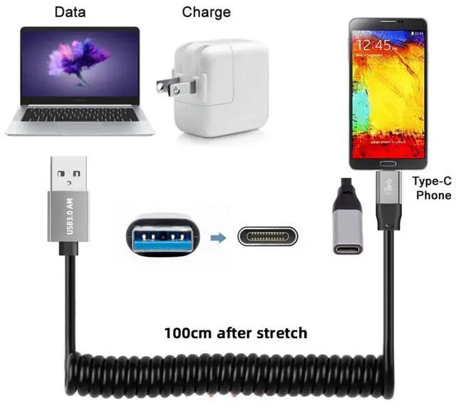 Alt view image 4 of 7 - USB 3.0 Coiled Cable,USB 3.0 Male to USB C Female High Speed Data Transfer Charging Cable 3.28FT for Phone/Laptop/USB Flash Drive