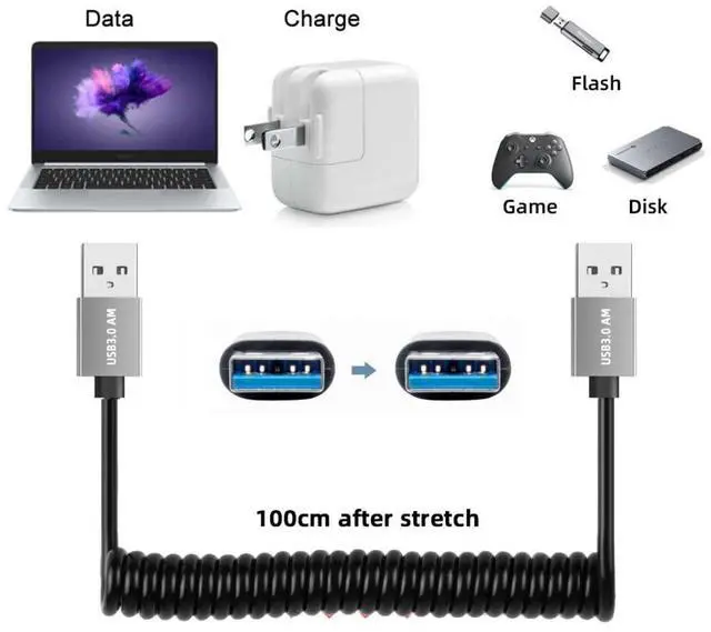 Alt view image 3 of 7 - USB 3.0 Coiled Cable,USB 3.0 Male to Male High Speed Data Transfer Charging Cable 3.28FT for Phone/Laptop/USB Flash Drive