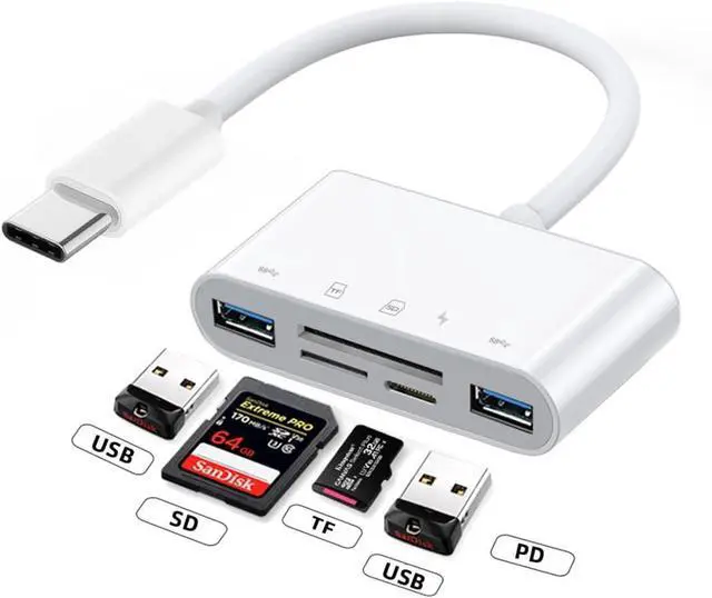 Alt view image 2 of 7 - CY 5 in 1 USB C to 2 USB 3.0 TF Micro SD SDXC SDHC Card Reader Adapter 5Gbps Compatible with PD 27W for Laptop Tablet Phone