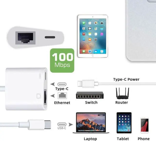 Alt view image 3 of 7 - 2 in 1 USB C to RJ45 100Mbps Networking Adapter with PD 24W Charge for Laptop Tablet Phone