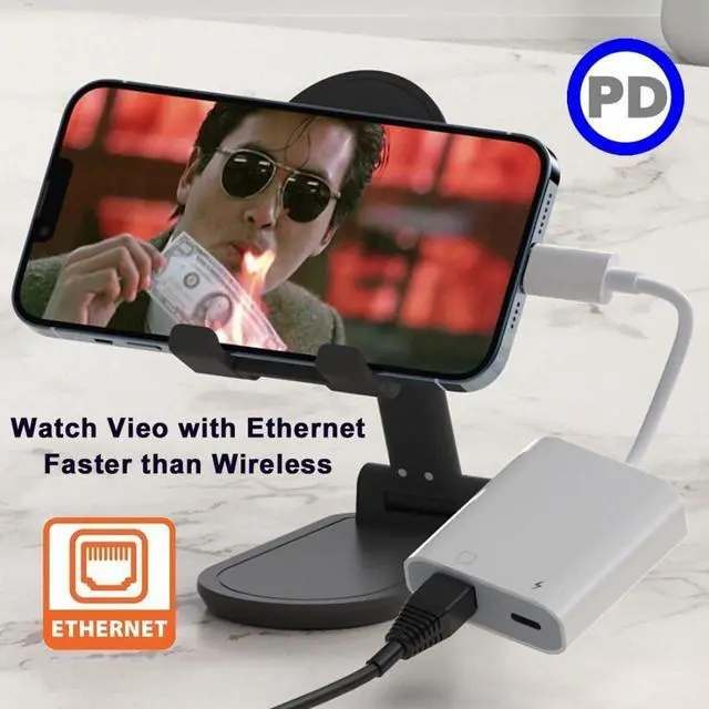 Alt view image 6 of 7 - 2 in 1 USB C to RJ45 100Mbps Networking Adapter with PD 24W Charge for Laptop Tablet Phone