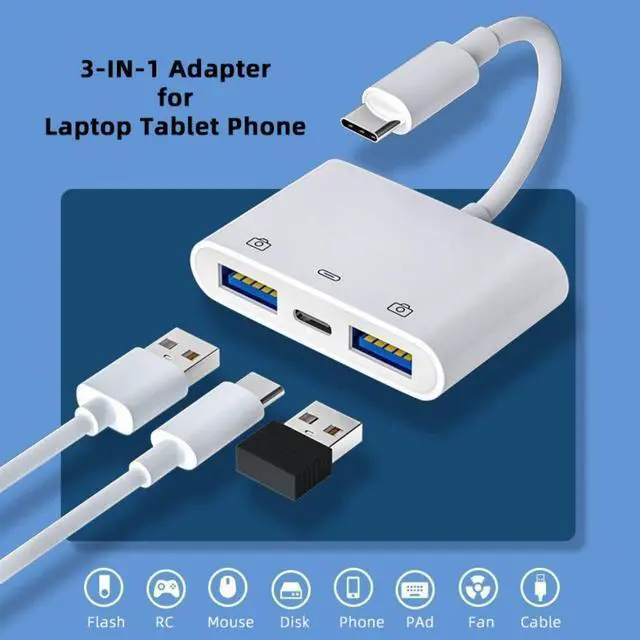 Alt view image 4 of 7 - 3 in 1 USB C to 2 USB 3.0 Socket OTG Adapter with PD 24W Charge for Laptop Tablet Phone