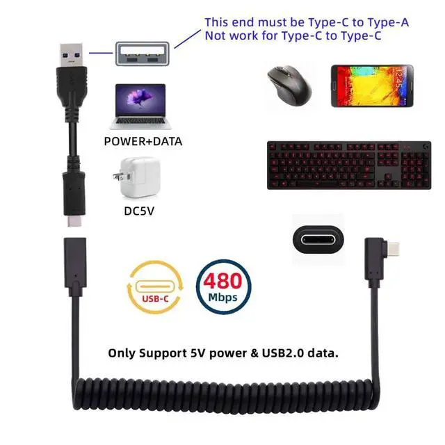 Alt view image 5 of 7 - USB C Coiled Stretch Cable USB Type C Male to Female Power Data Extension Cable for Keyboard Mouse